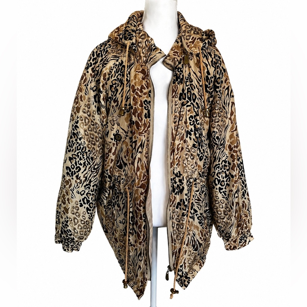 Vintage Leopard Print Silk Hooded Jacket Windbreaker Size S